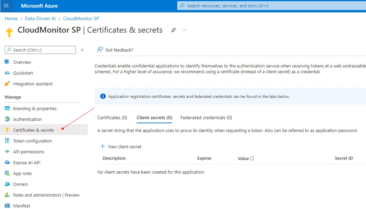 CloudMonitor Engine app registration in Azure AD with the Certificates & secrets menu selected