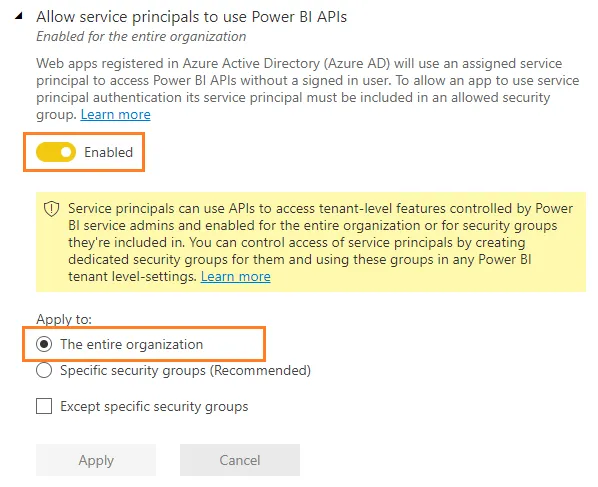Power BI Admin Portal Tenant settings with "Allow service principals to use Power BI APIs" enabled