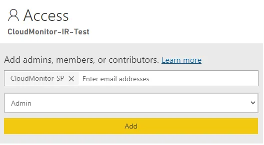 Power BI workspace access settings adding the CloudMonitor-SP service principal as an Admin
