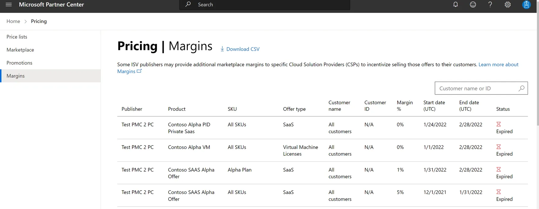 Partner Center Pricing and Margins page showing the discount margin applied to a CSP's private offer