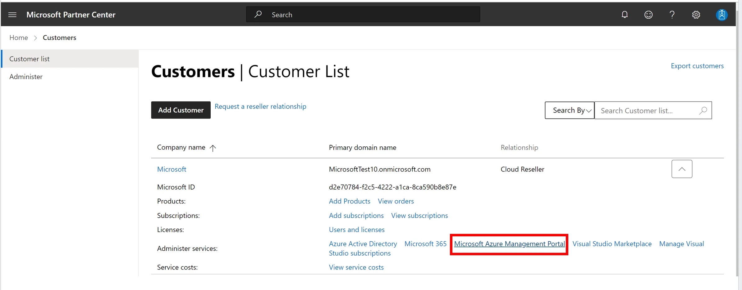 Partner Center customers list used to log in to the Azure portal on behalf of a customer