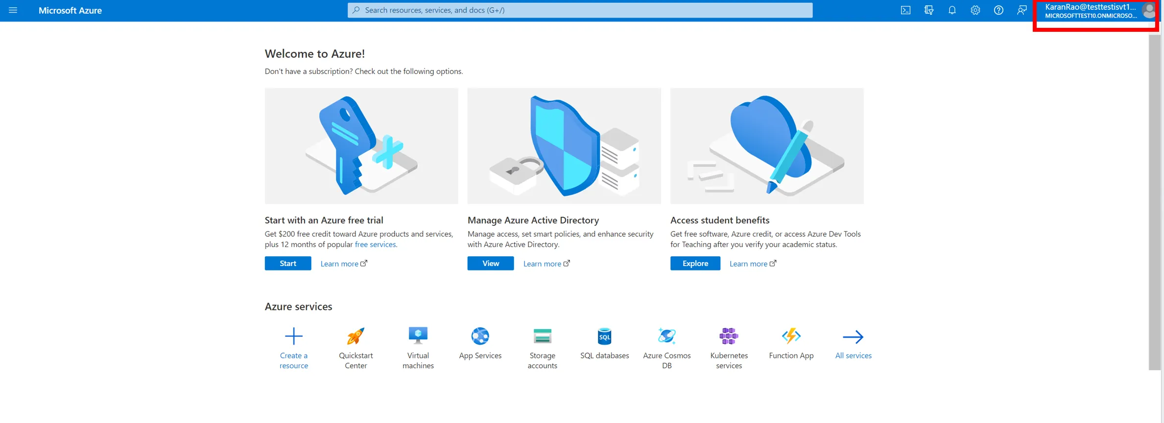 Azure portal session confirming the CSP is signed in on behalf of the correct customer tenant
