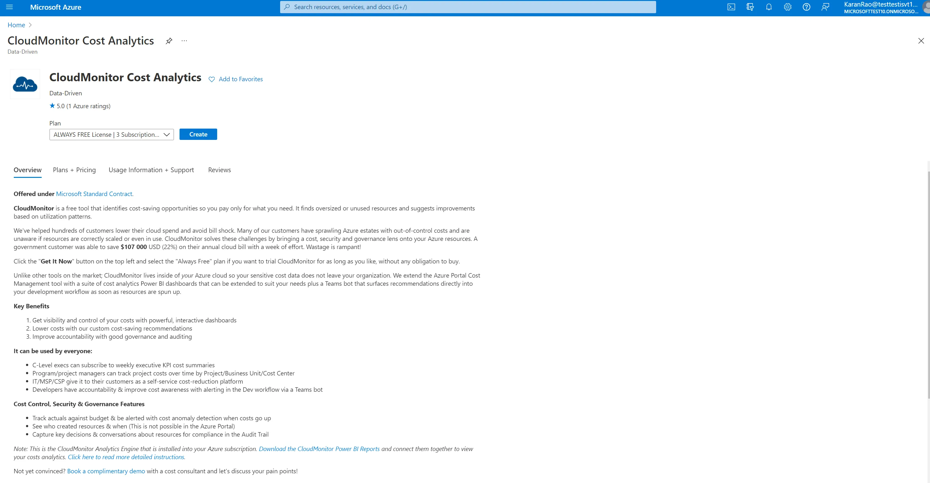 Azure Marketplace listing for CloudMonitor Analytics Engine ready for purchase under the customer tenant