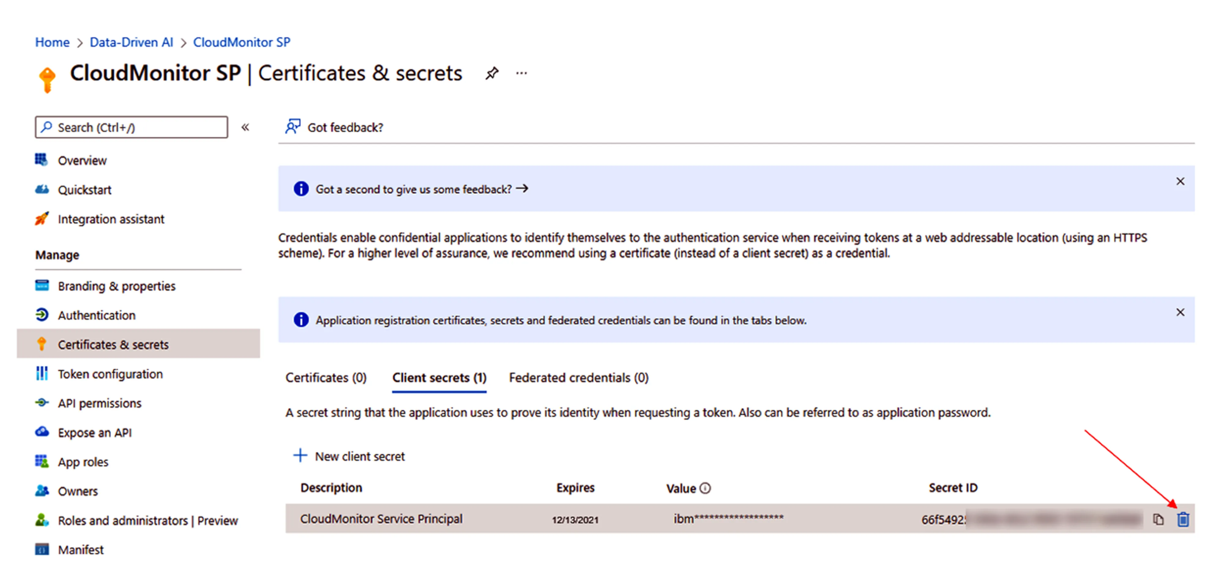 Azure AD App Registrations list with the installed CloudMonitor Engine application selected