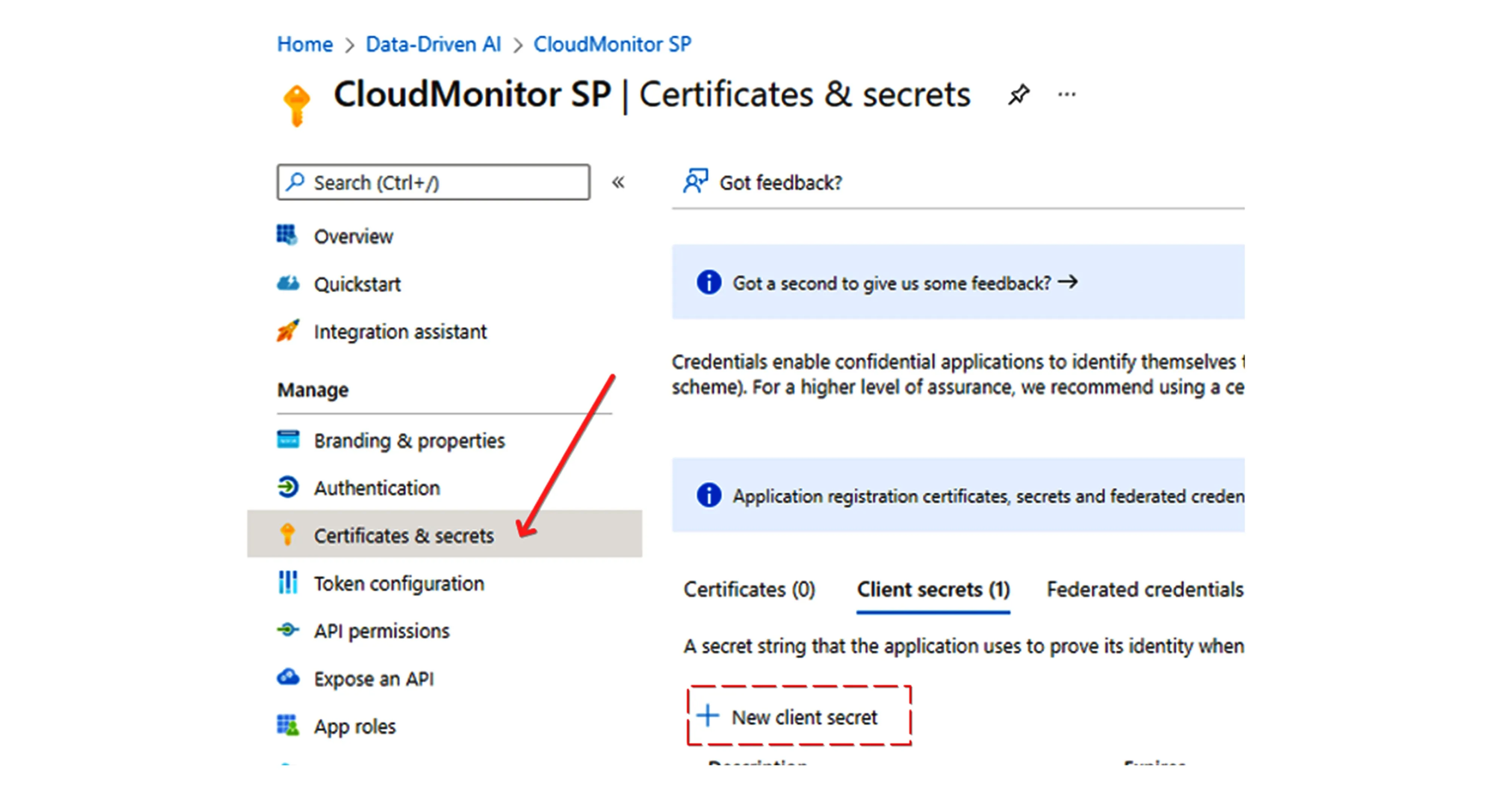 Certificates & secrets blade with the +New client secret button highlighted for the CloudMonitor app