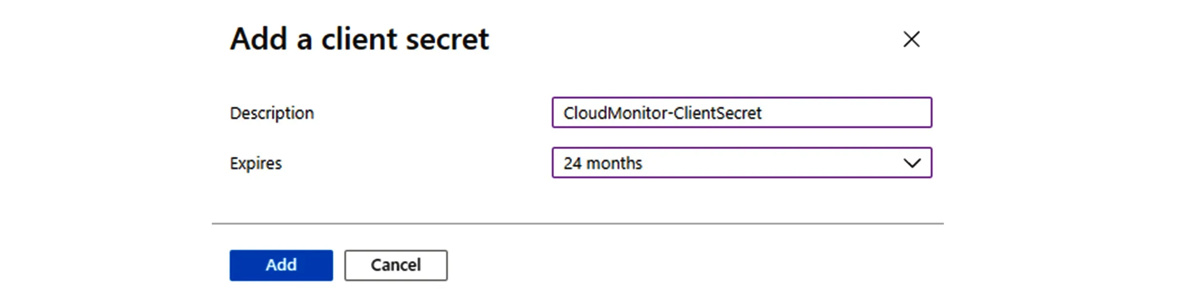 Add a client secret form filled with Description CloudMonitor-ClientSecret and Expires set to 24 months