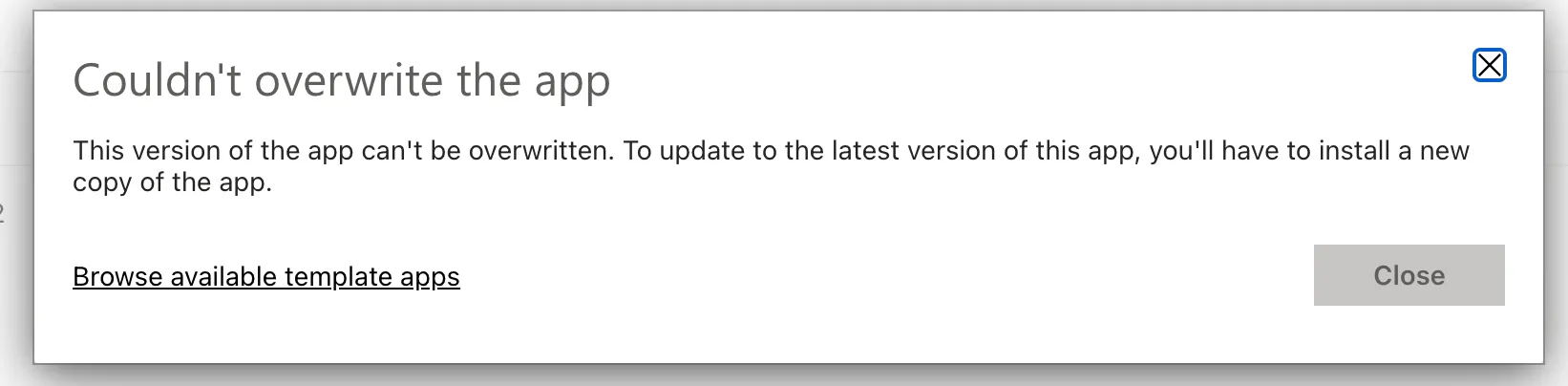 Power BI "Couldn't overwrite the app" error dialog shown when installing a new CloudMonitor version