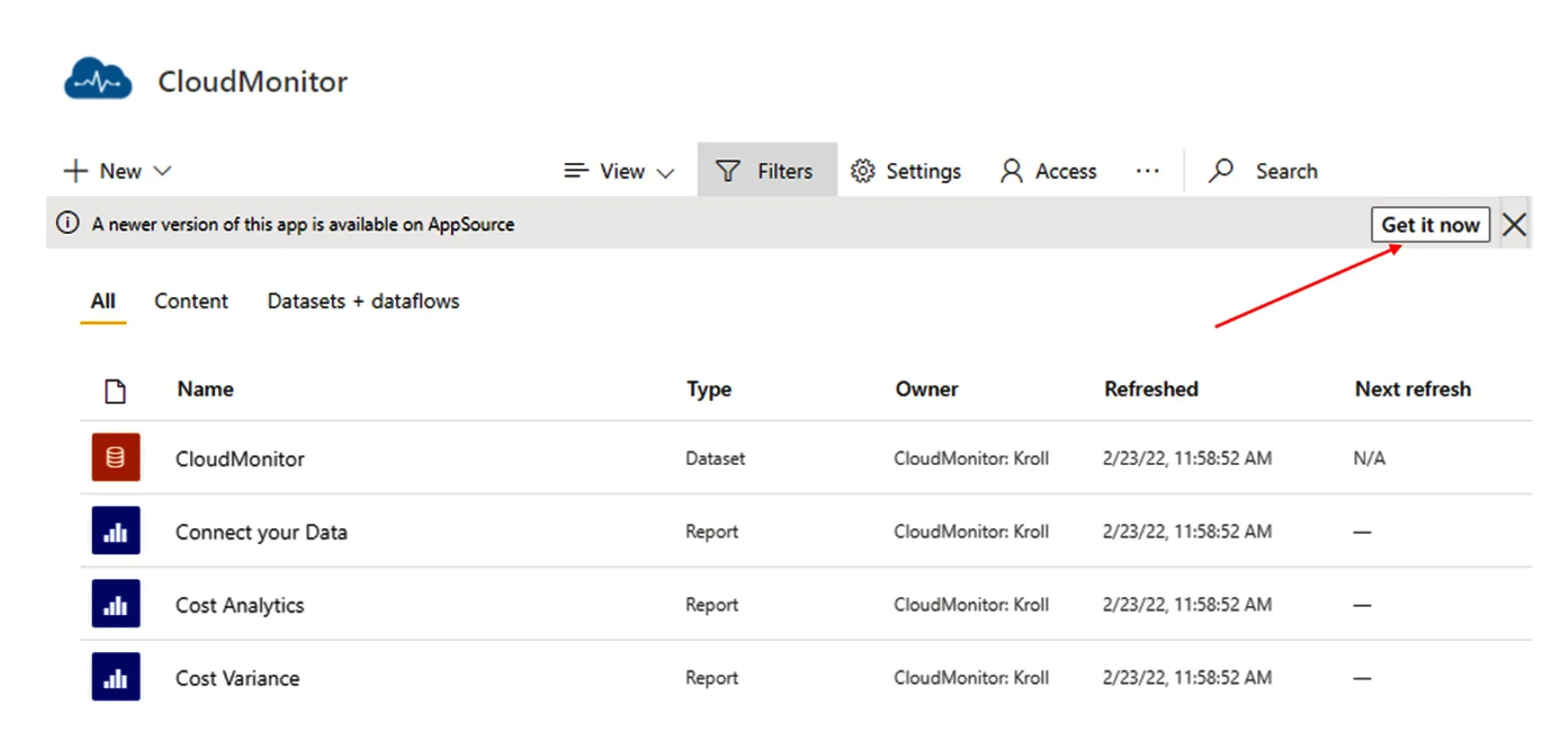 Power BI service banner announcing a new CloudMonitor app version with a "Get it now" button
