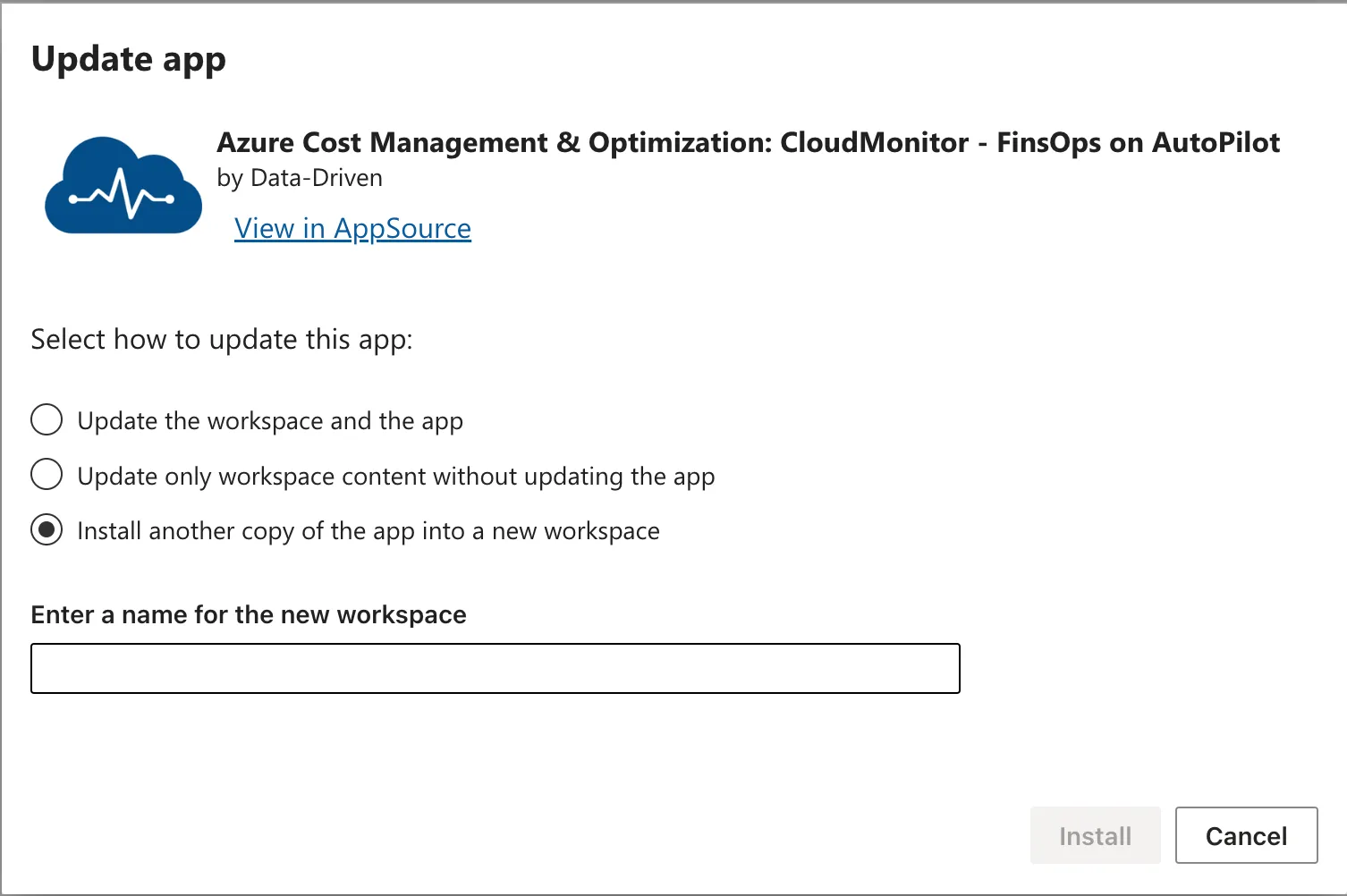 Power BI install dialog with the third option selected to install the app into a new workspace