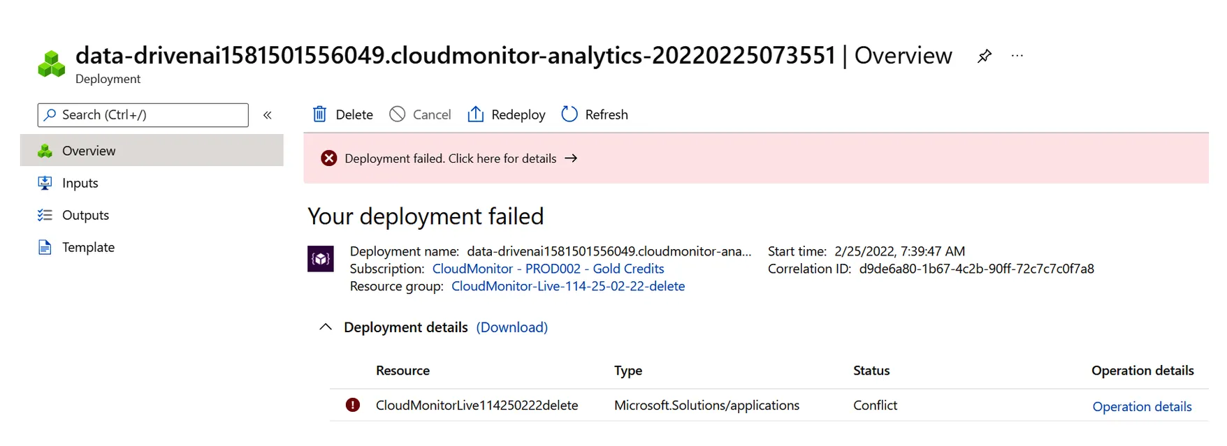 Azure Marketplace deployment status page showing the CloudMonitor install marked as Failed
