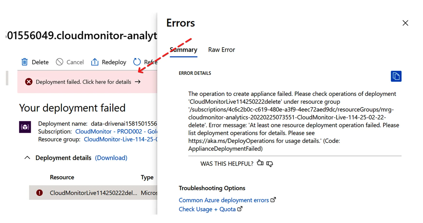Red error banner at the top of the failed deployment, expanded to reveal more details