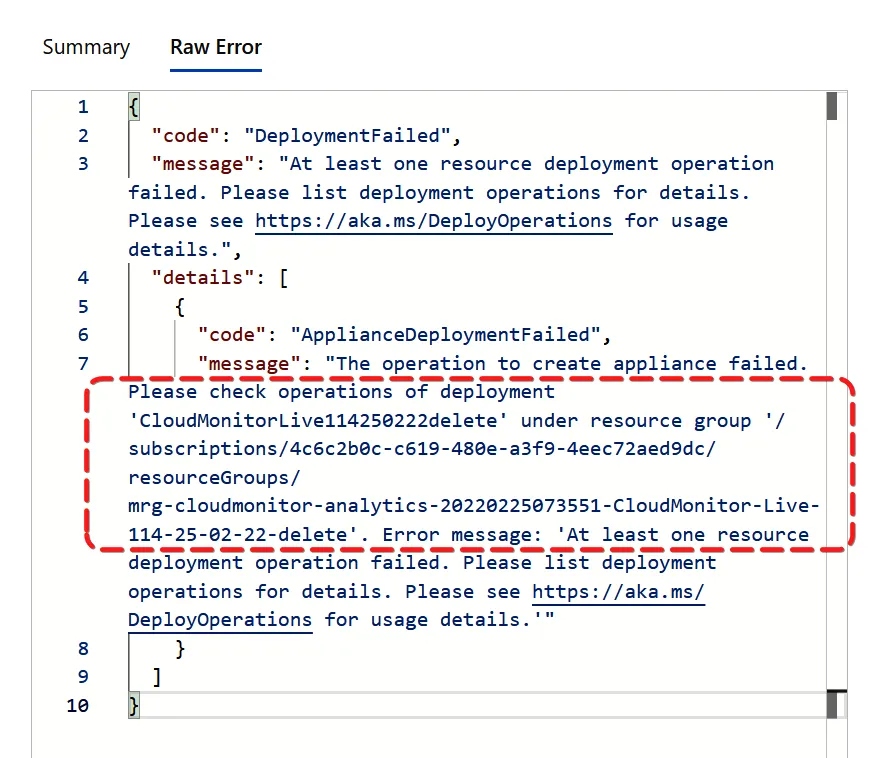 Raw Error tab of the deployment error dialog showing the high-level error message