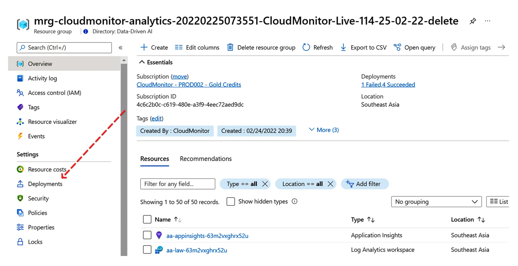 Managed resource group Deployments blade listing the failed ARM deployment actions