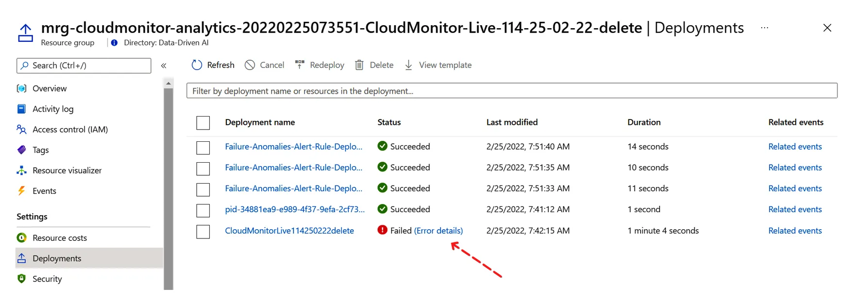 Failed deployment with the Error Details link highlighted to reveal the underlying cause