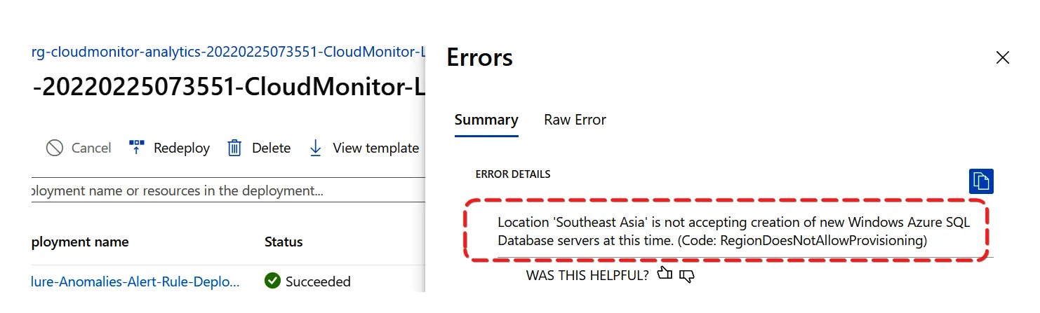 Detailed error JSON showing RegionDoesNotAllowProvisioning for SQL Database in Southeast Asia
