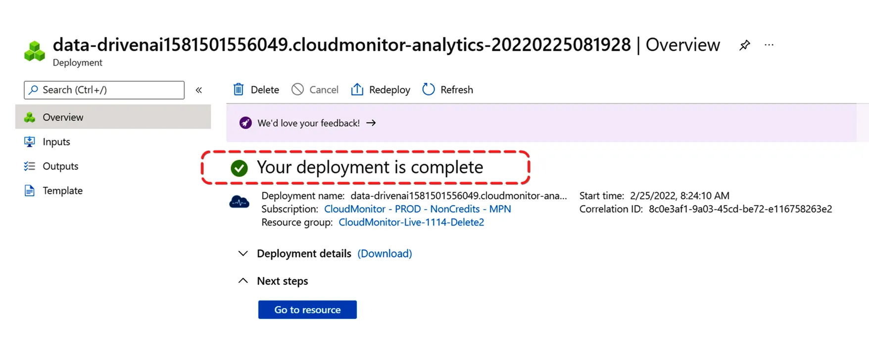 Successful CloudMonitor deployment status after redeploying to a different Azure region