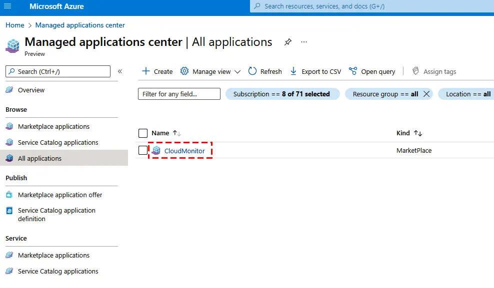 Azure portal Manage Applications page listing the CloudMonitor managed application ready to be selected