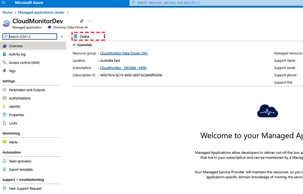 CloudMonitor managed application Overview blade with the Delete button highlighted