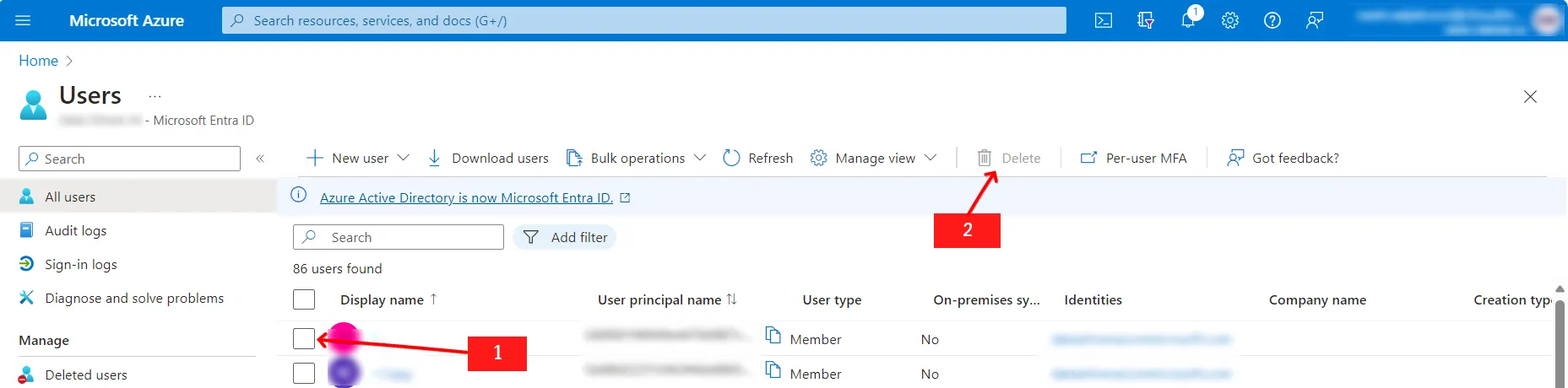 Microsoft Entra ID Users blade with the CloudMonitor B2B billing user selected for deletion