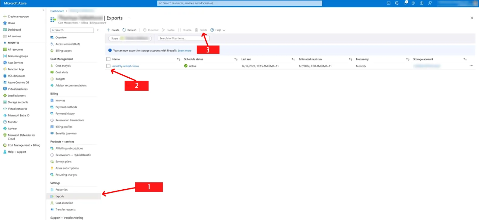 Cost Management + Billing Exports page where CloudMonitor scheduled cost exports can be deleted
