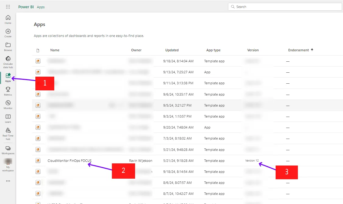 Power BI Apps list with the CloudMonitor app and its Version column highlighted