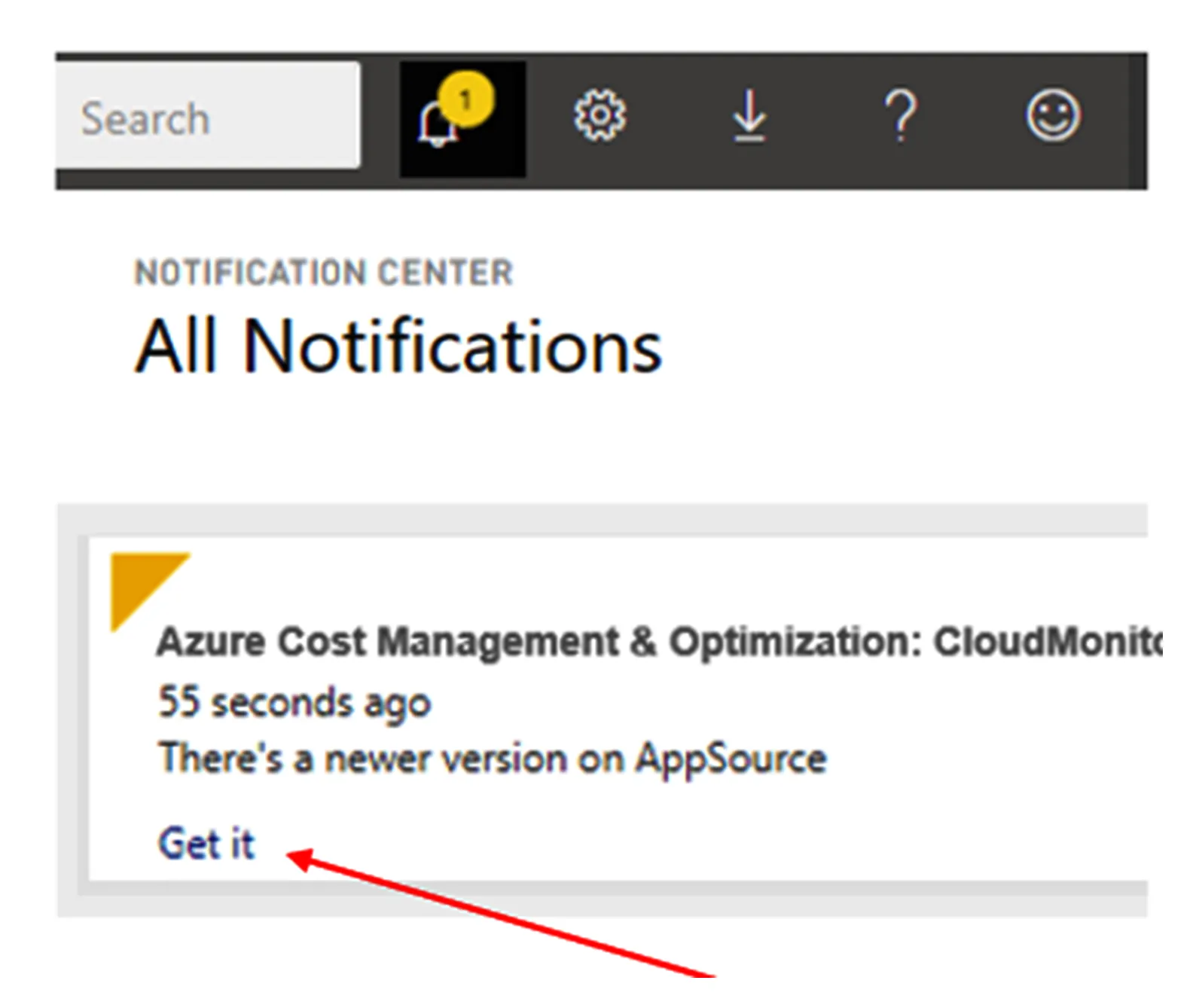 Power BI notification center showing a CloudMonitor app update with the "Get it" button