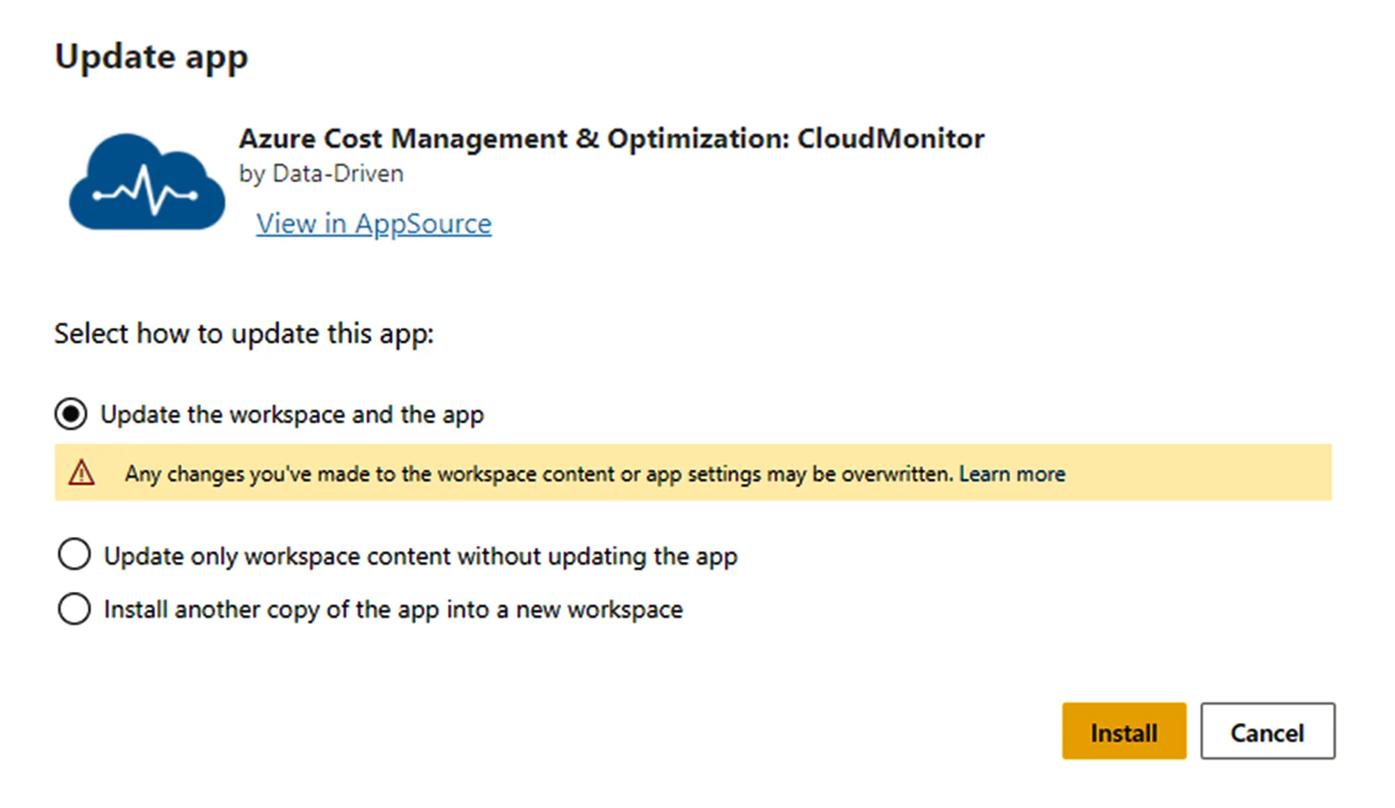 Power BI update dialog asking how the upgrade should affect the existing workspace and app
