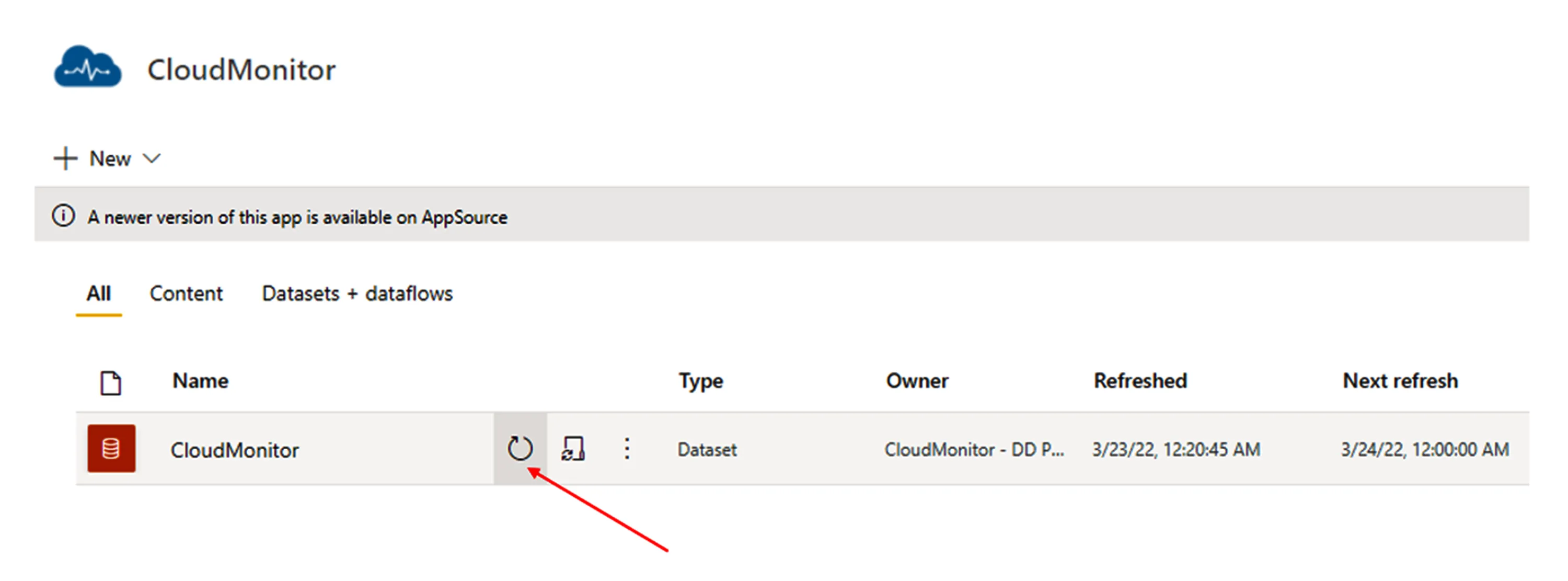Power BI dataset refresh action used to re-establish the CloudMonitor data connection after an upgrade