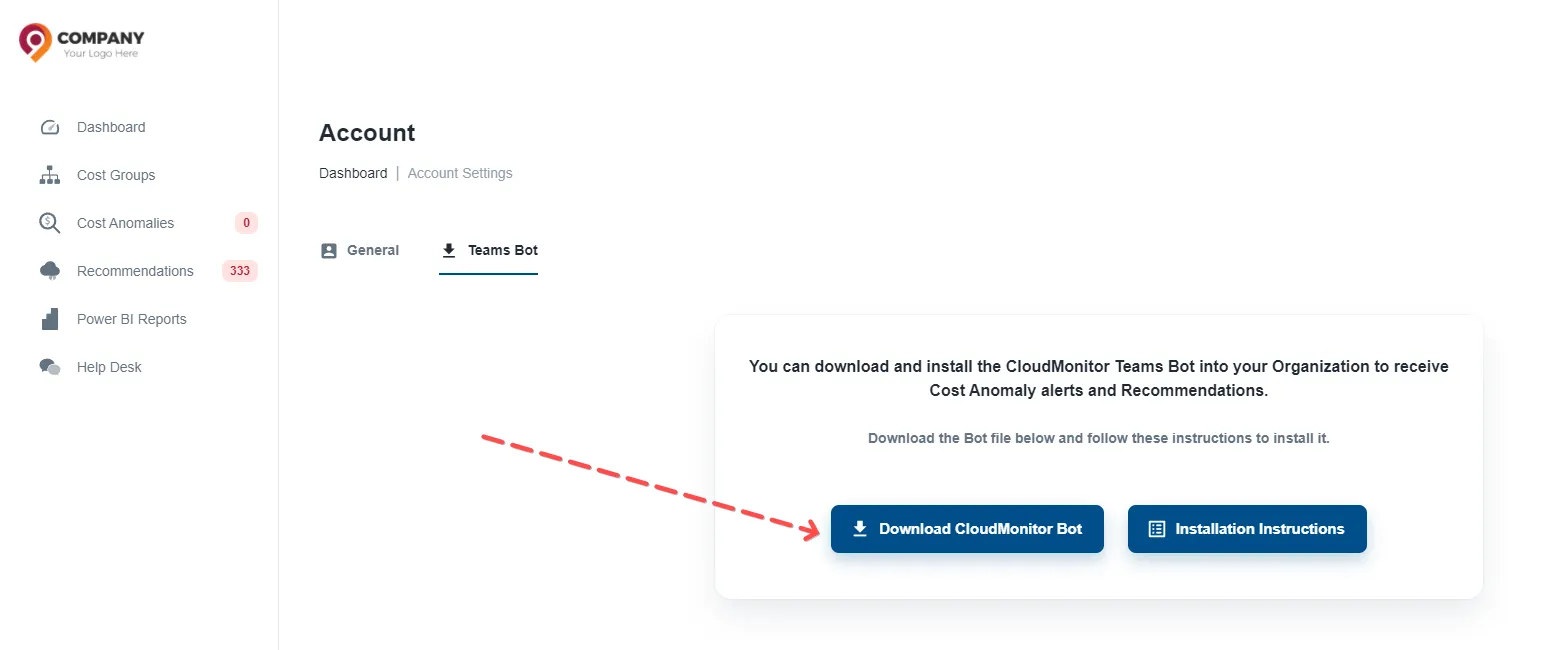 Admin App Settings Teams Bot tab with the option to download the CloudMonitor Bot manifest zip