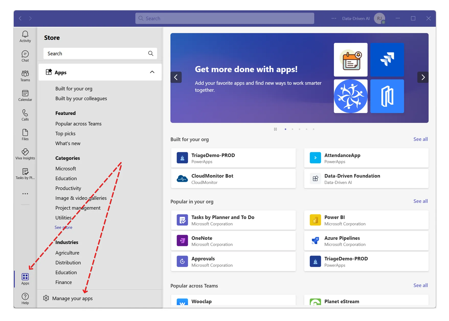 Microsoft Teams Apps page showing the Manage your Apps section available to Teams admins