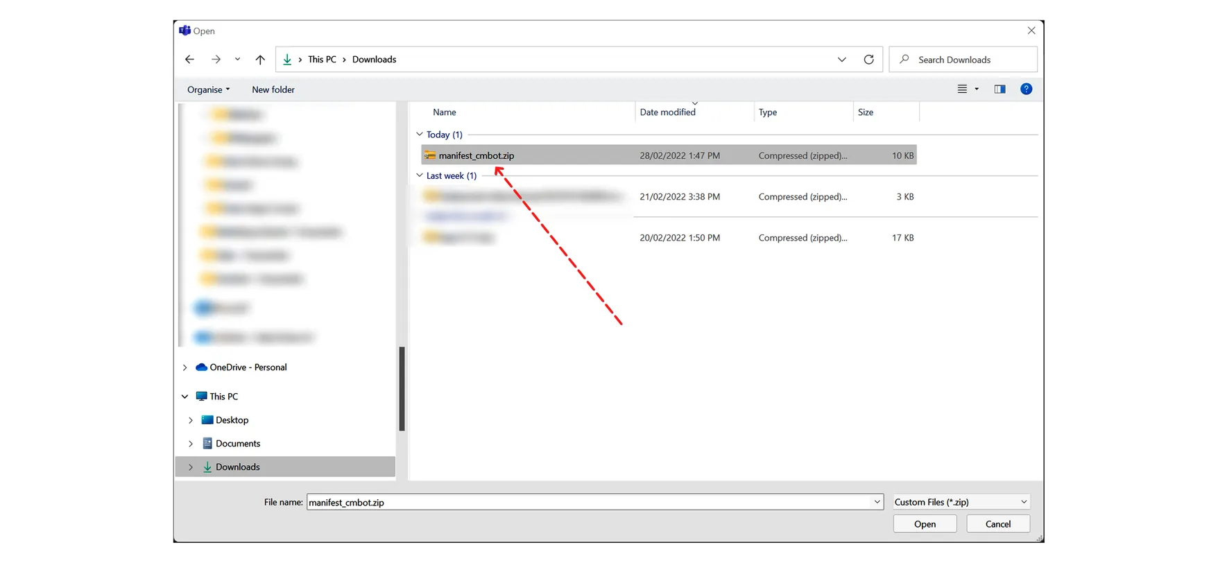 File picker dialog locating the downloaded CloudMonitor Bot manifest zip on the local computer