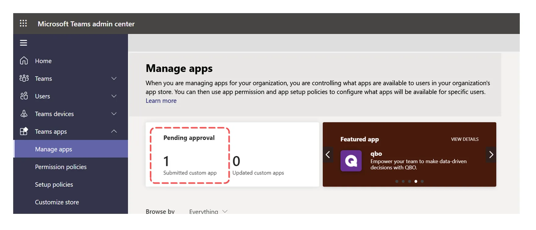 Microsoft Teams Admin Center with the Manage Apps menu item selected