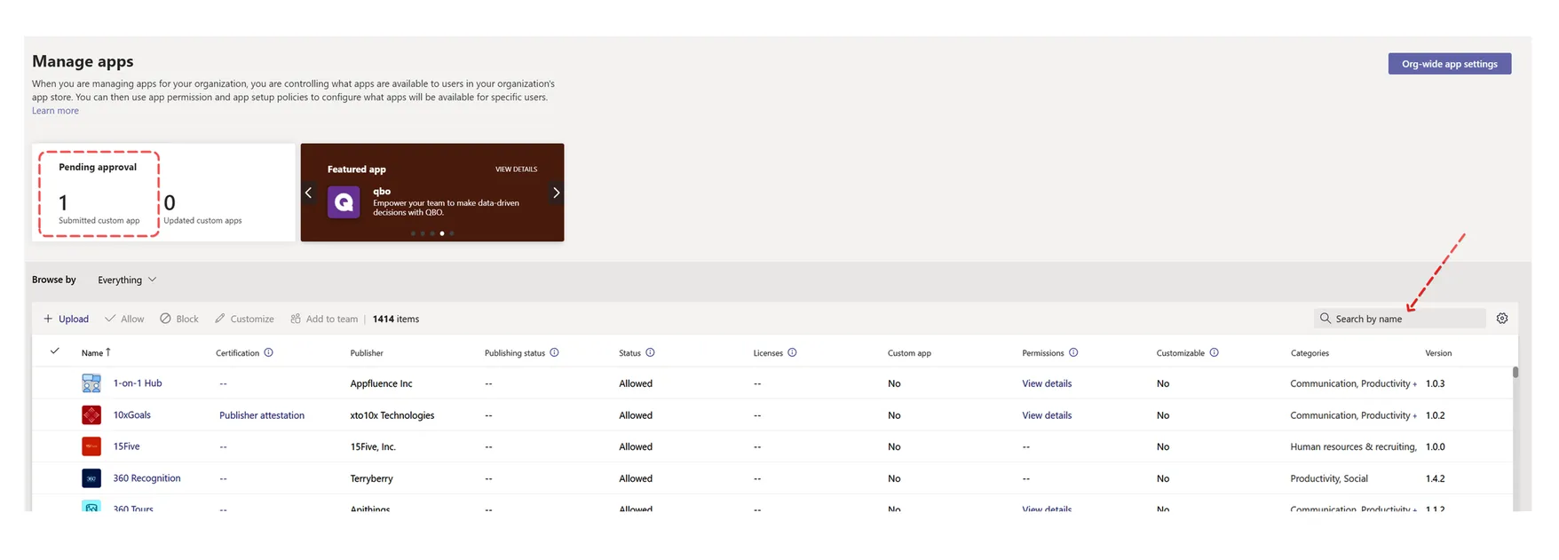 Teams Admin Center Manage Apps search field filtering for the term CloudMonitor