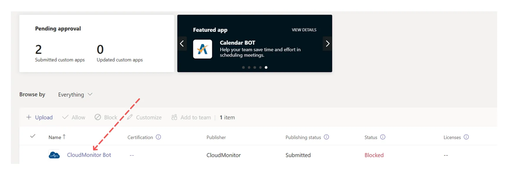 Search results in Teams Admin Center showing the submitted CloudMonitor Bot entry awaiting approval