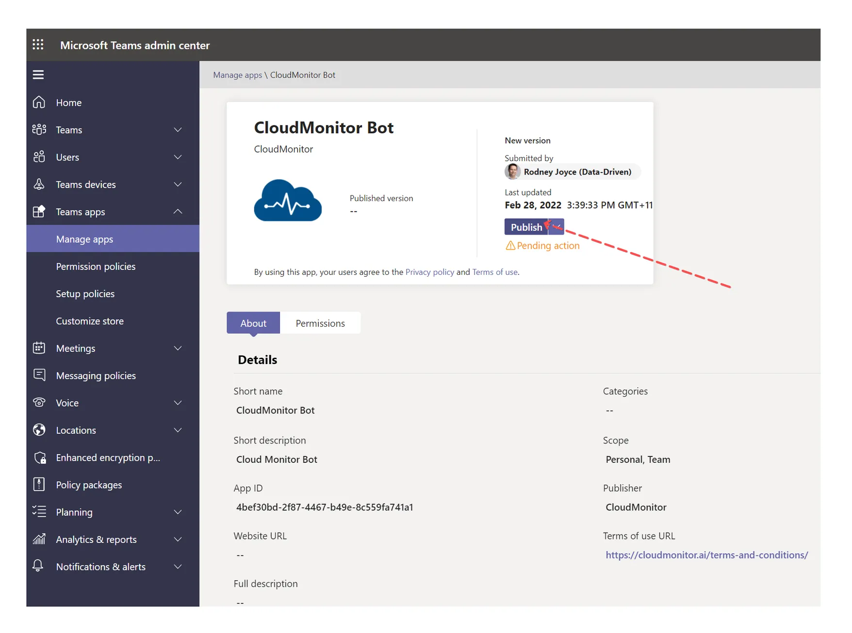 CloudMonitor Bot detail page in Teams Admin Center with the Publish button highlighted