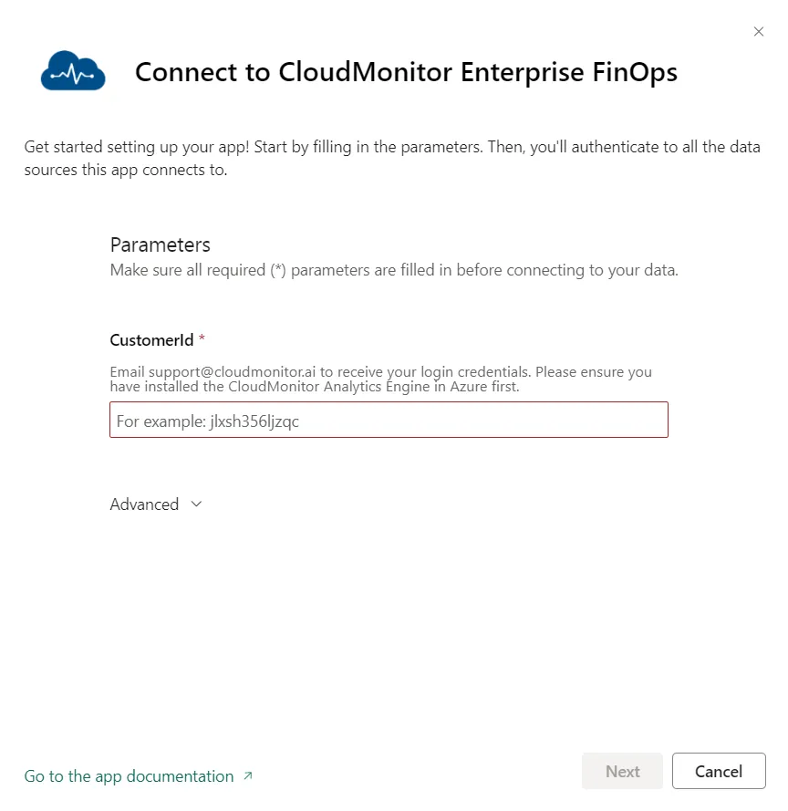 Power BI Connect to data dialog requesting the CustomerId and daily refresh toggle set to On