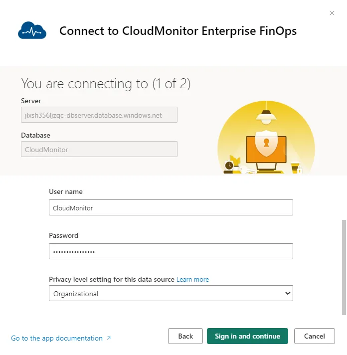 Power BI credentials dialog with Basic authentication, username CloudMonitor, and Organizational privacy level
