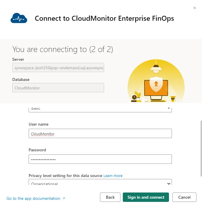Second Power BI credentials dialog where the same Basic auth username and password are re-entered