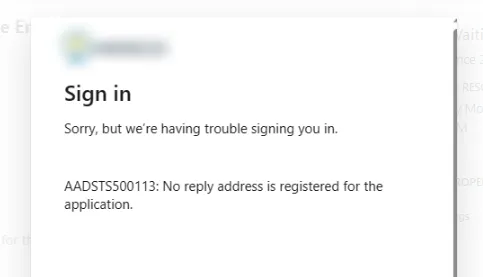 Azure AD error page showing "No reply address is registered for the application" message