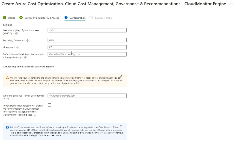 CloudMonitor Analytics Engine Configuration tab showing the financial year, reporting currency, and timezone fields