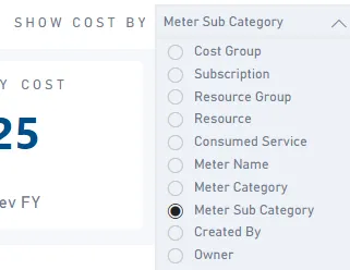 CloudMonitor report Show Cost By selector with the available cost-breakdown metrics listed